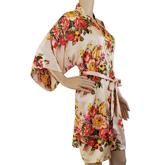 Satin Floral Women's L Dressing Robe Matching Tie Belt Knee Length - Picture 4 of 9
